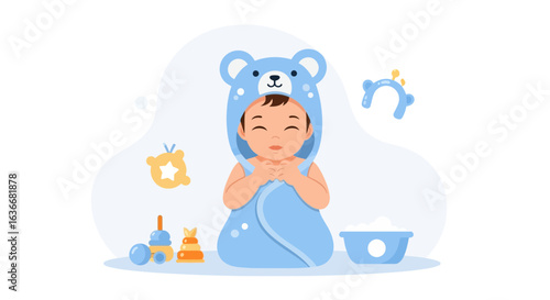 Adorable Baby Wrapped In A Blue Bear Towel After Bath Time Illustration
