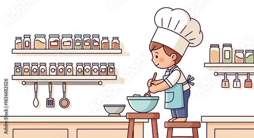 Adorable cartoon chef preparing food in a well stocked kitchen illustration