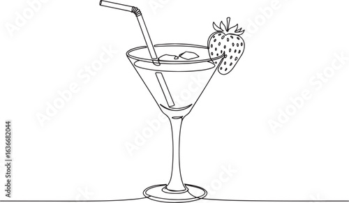Elegant line drawing of a strawberry daiquiri cocktail with frui