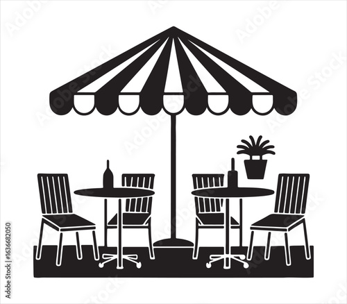 Outdoor Cafe Seating Area with Tables Chairs and Umbrella Black and White Silhouette Illustration