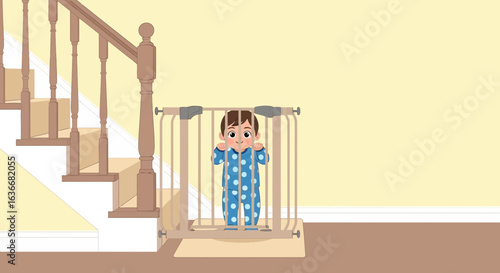 Adorable Child Encased Behind Gate Smiling Playfully In Polka Dot Pajamas Beside Staircase