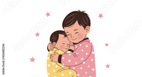 Adorable illustration of a young child hugging a baby with a background of stars, showcasing sibling love and affection