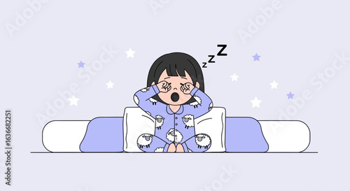 Adorable Illustration Of A Sleepy Girl Waking Up In Her Sheep Pajamas