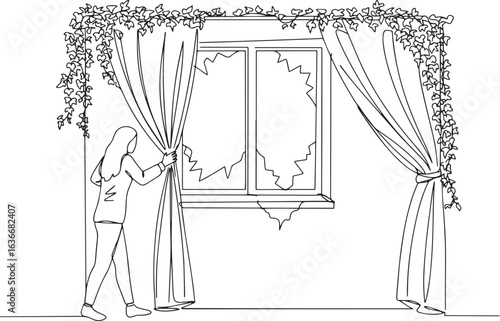 Single line art depicting woman pulling curtains back on broken