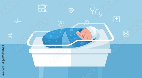 Adorable Newborn Resting Peacefully in Bassinet with Medical Icons Background