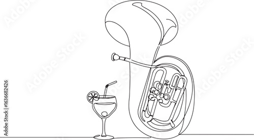 Minimalist line art: A tuba and a cocktail glass, a symphony of