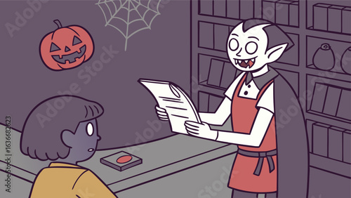 A friendly vampire employee checks a list while a customer looks on in a spooky halloween themed store