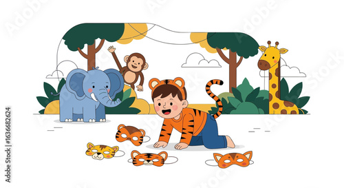 Adventure Awaits Boy in Tiger Costume Playing with Animal Friends in the Jungle