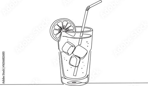 Continuous line illustration of a refreshing yuzu soda drink wit