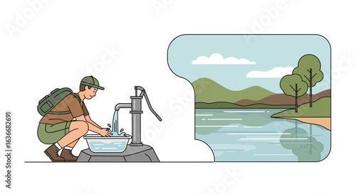 Adventure Traveler Collects Water From Well Near Peaceful Scenic Lake View