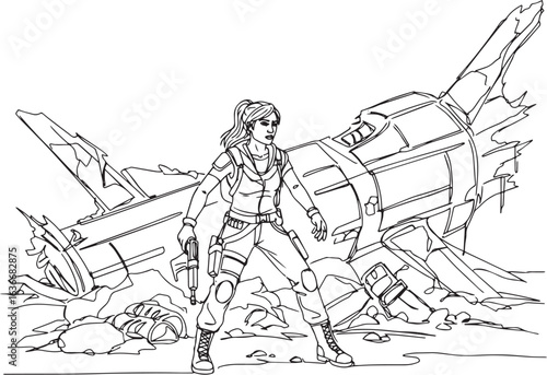 Adventurous woman surviving a spaceship crash in a desolate envi