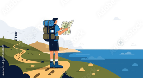 Adventurer Man With Backpack Navigating The Coastal Path Using Map