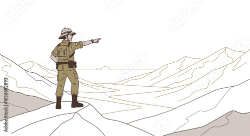 Adventurer In Rugged Terrain Exploring Uncharted Territories Standing Confidently