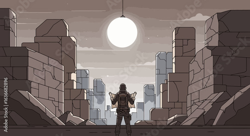 Adventurer Navigating Ancient Ruins Under The Moonlit Sky Finding New Route