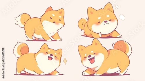 Kawaii Shiba Inu dogs in various poses. Hand drawn sticker vector set