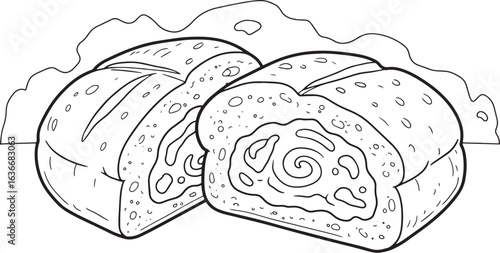 Detailed black and white line art illustration of freshly baked