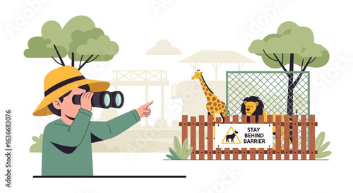 Adventurer With Binoculars Observes Wildlife Safari Animals At Zoo Behind Fence