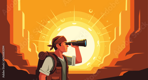 Adventurer Seeking New Horizons With A Telescope In Desert Landscape