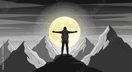 Adventurer Reaching Summit Under a Full Moon Scenic Mountain Landscape