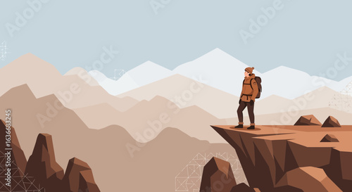 Adventurer Stands on Cliff Edge Admiring the Mountainous Landscape Scenery