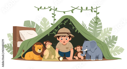 Adventurous Boy Exploring Jungle Tent Made From Bed Sheets With Stuffed Animals