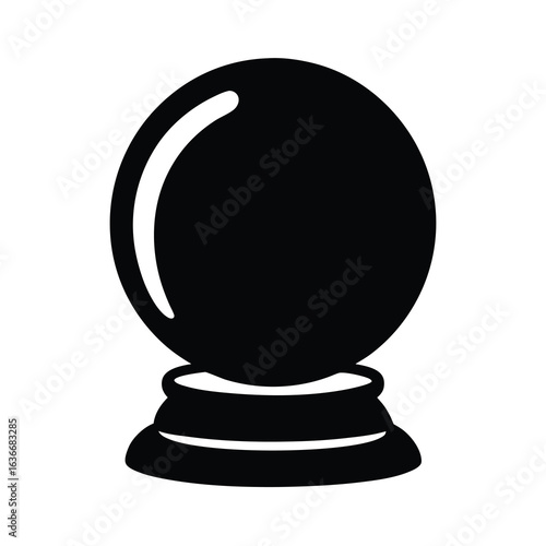 Black silhouette of a simple crystal ball icon, featuring a smooth spherical top resting on a sturdy, round base, isolated on a white background, perfect for fortune telling, prediction