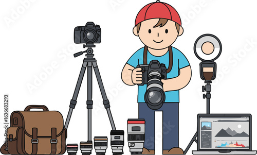 Cartoon Photographer With Professional Camera Gear