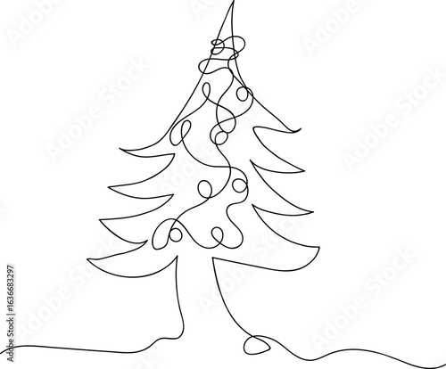One Line Minimalist Christmas Tree Drawing in Black and White, Holiday Concept