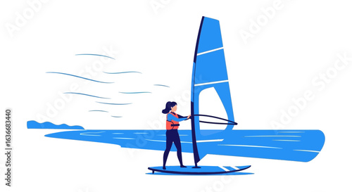 Adventurous Woman Windsurfing on a Sunny Day, Enjoying the Water Sports on Vacation