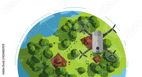 Aerial Surveying With Drone Technology Over Earth Globe and Rural Landscape