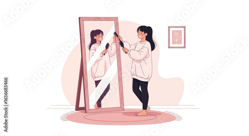 Aesthetic illustration depicting a young woman brushing her hair in front of a mirror