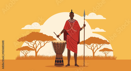 African Tribal Warrior Playing Djembe Drum Under Savanna Sunset With Spear