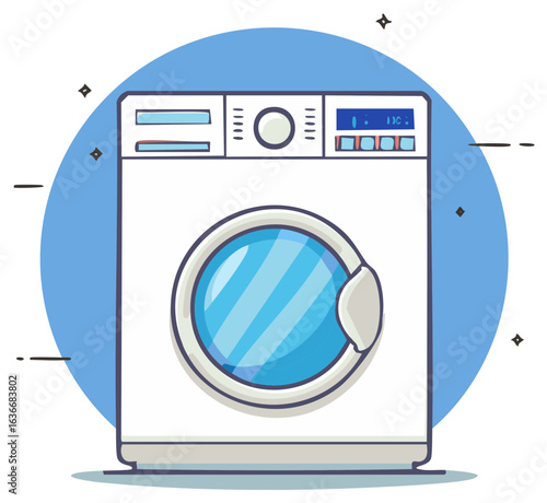 Clean white front load washing machine with blue accents against soft blue circle background