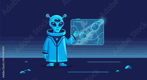 Alien Scientist Examining Asteroid Trajectory with Futuristic Tablet Illustration