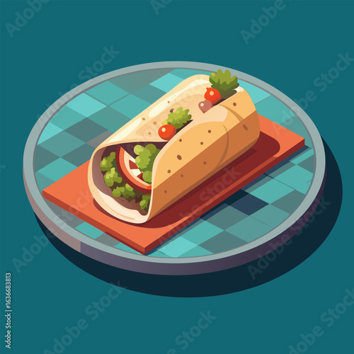 A delicious. whole wheat burrito with vegetables and salsa on a plate. presented in an isometric illustration.