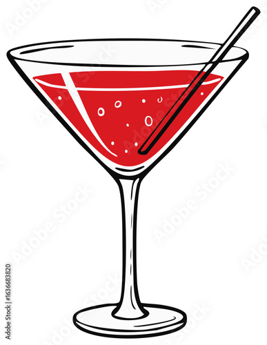 Stylized Martini Glass with Red Beverage and Straw Alcohol Celebration Drink Bar Lounge Vector Art