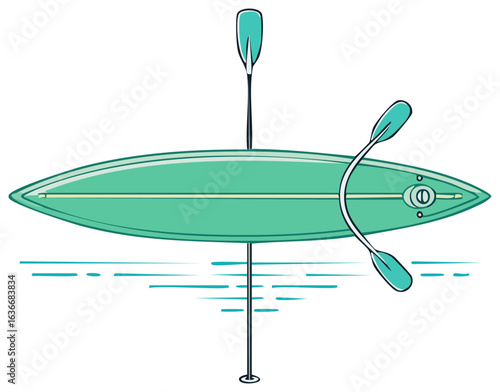 Aqua Green Stand Up Paddle Board and Paddles on Tranquil Water Illustration