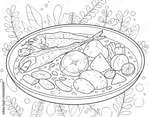 Detailed Line Art Illustration of Traditional Southeast Asian Fi