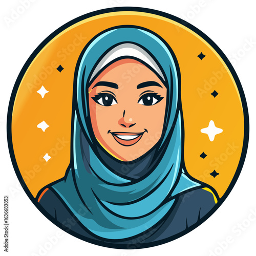 Smiling woman in a blue hijab, modern muslim avatar illustration in a circle
