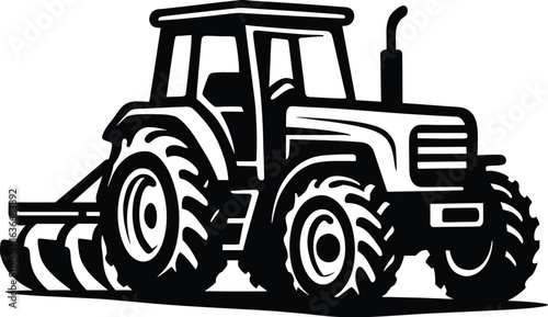 Black and White Vector Icon of a Tractor with a Tiller