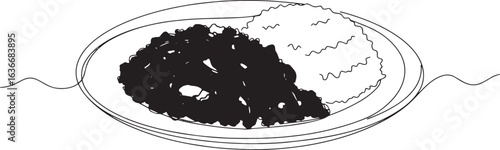 Minimalist line art of Thai Pad Krapow with rice plate illustrat