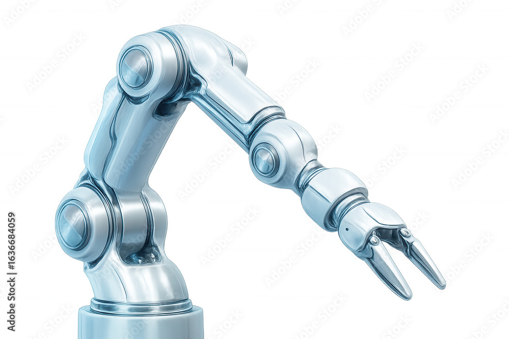 Metallic robotic arm reaching forward, highlighting precision engineering and automated manufacturing capabilities Metallic robotic arm reaching forward, highlighting precision engineering and automated manufacturing capabilities