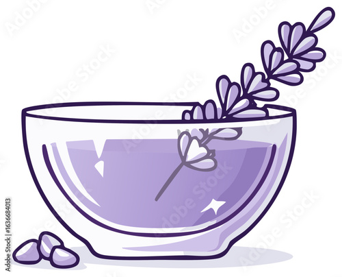 Lavender sprig in a glass bowl with essential oil for aromatherapy spa treatment vector illustration