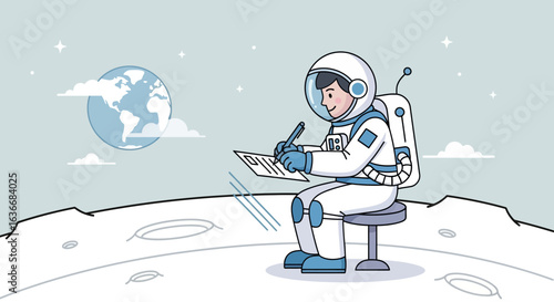 An astronaut sitting on the moon writing a report with Earth in the background with stars on a light blue background
