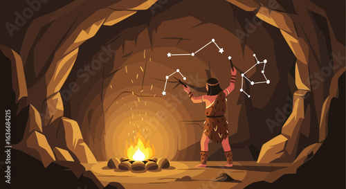Ancient Astronomer Documents Constellations Within Cave By Firelight Painting Stars