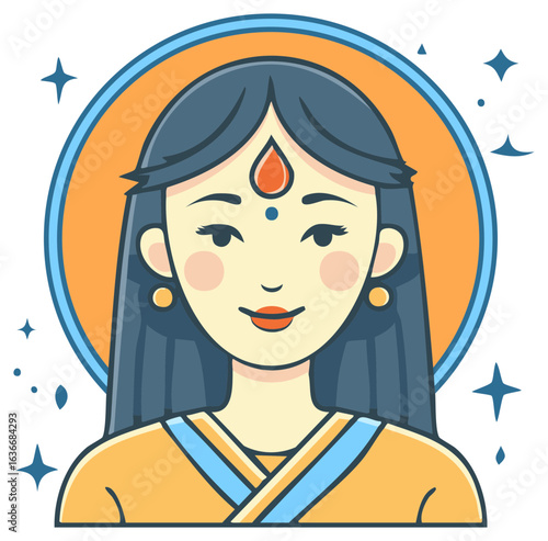 Smiling woman avatar with bindi and celestial aura flat vector illustration