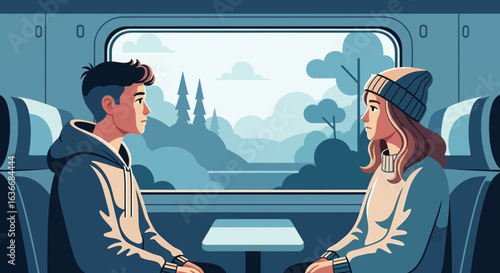 Animated Couple Enjoying a Train Ride While Immersed in Winter Forest Scenery
