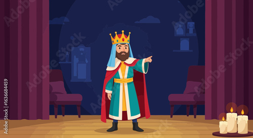 Animated King Figure Presenting on Theater Stage with Candles and Curtains backdrop