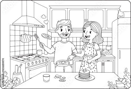 Happy couple baking pancakes in the kitchen, coloring page illus