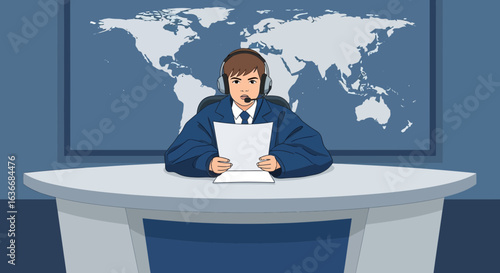 Animated News Anchor Presenting Headlines From A Studio With World Map Backdrop